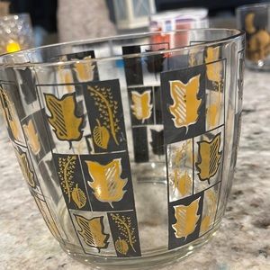 Vintage glass ice bucket or large bowel with a black and gold leaf pattern
